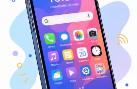 Ilustracja nowoczesnego smartfona z kolorowymi ikonami aplikacji.