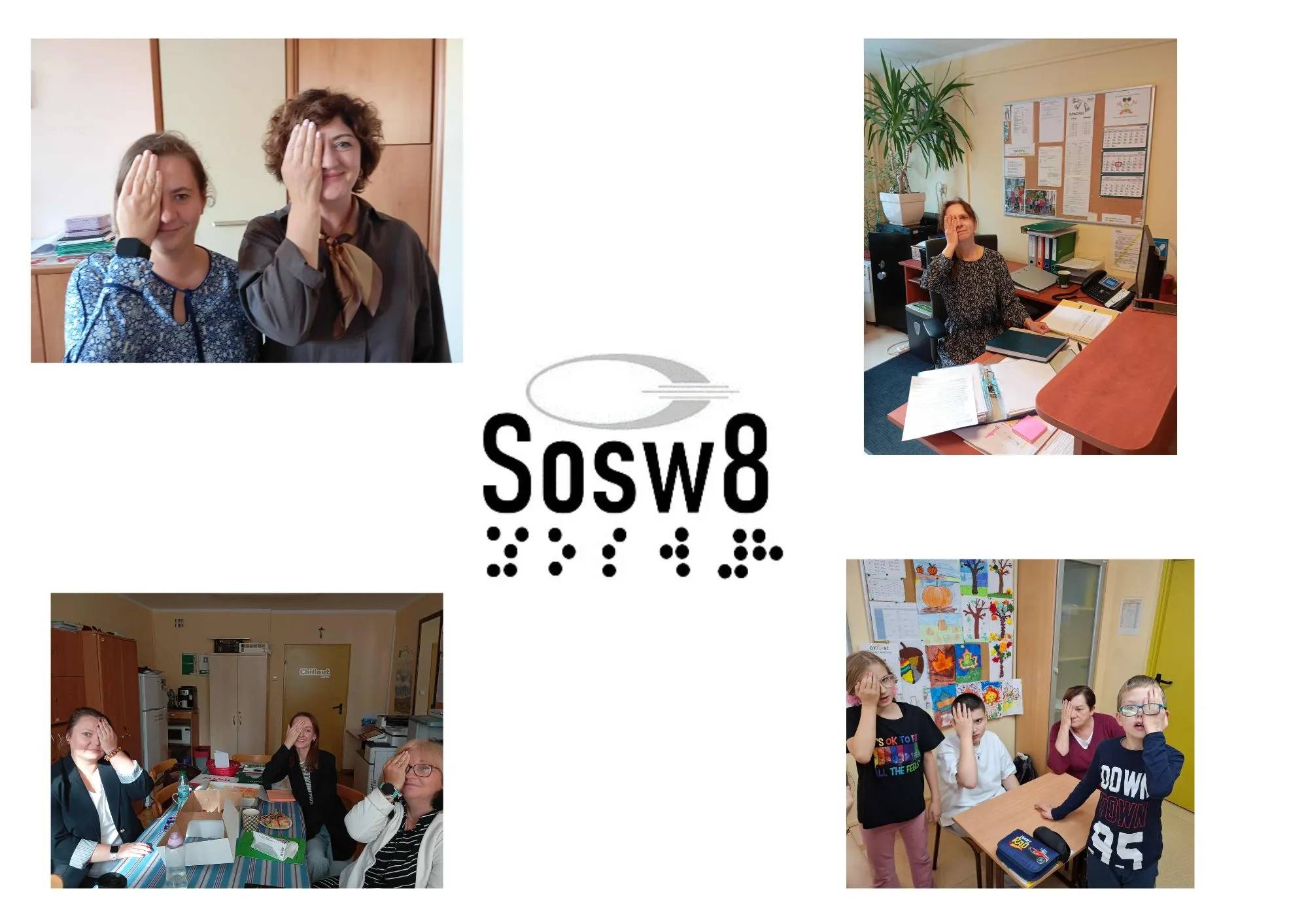 Nauczyciele i uczniowie zasłaniający jedno oko - symbol kampanii.