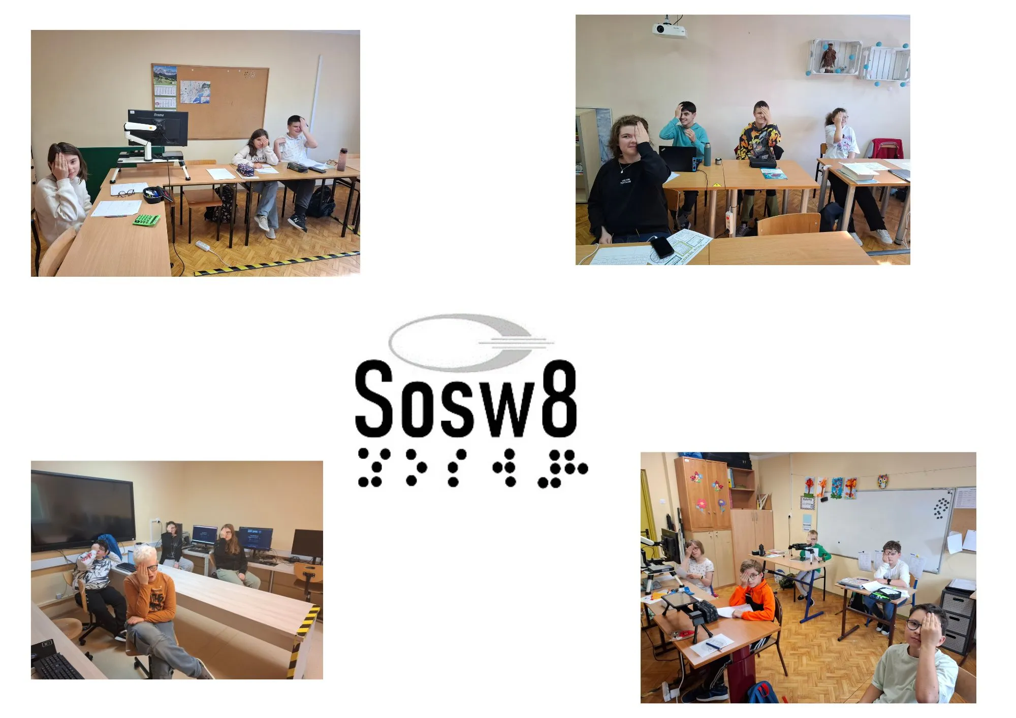 Nauczyciele i uczniowie zasłaniający jedno oko - symbol kampanii.