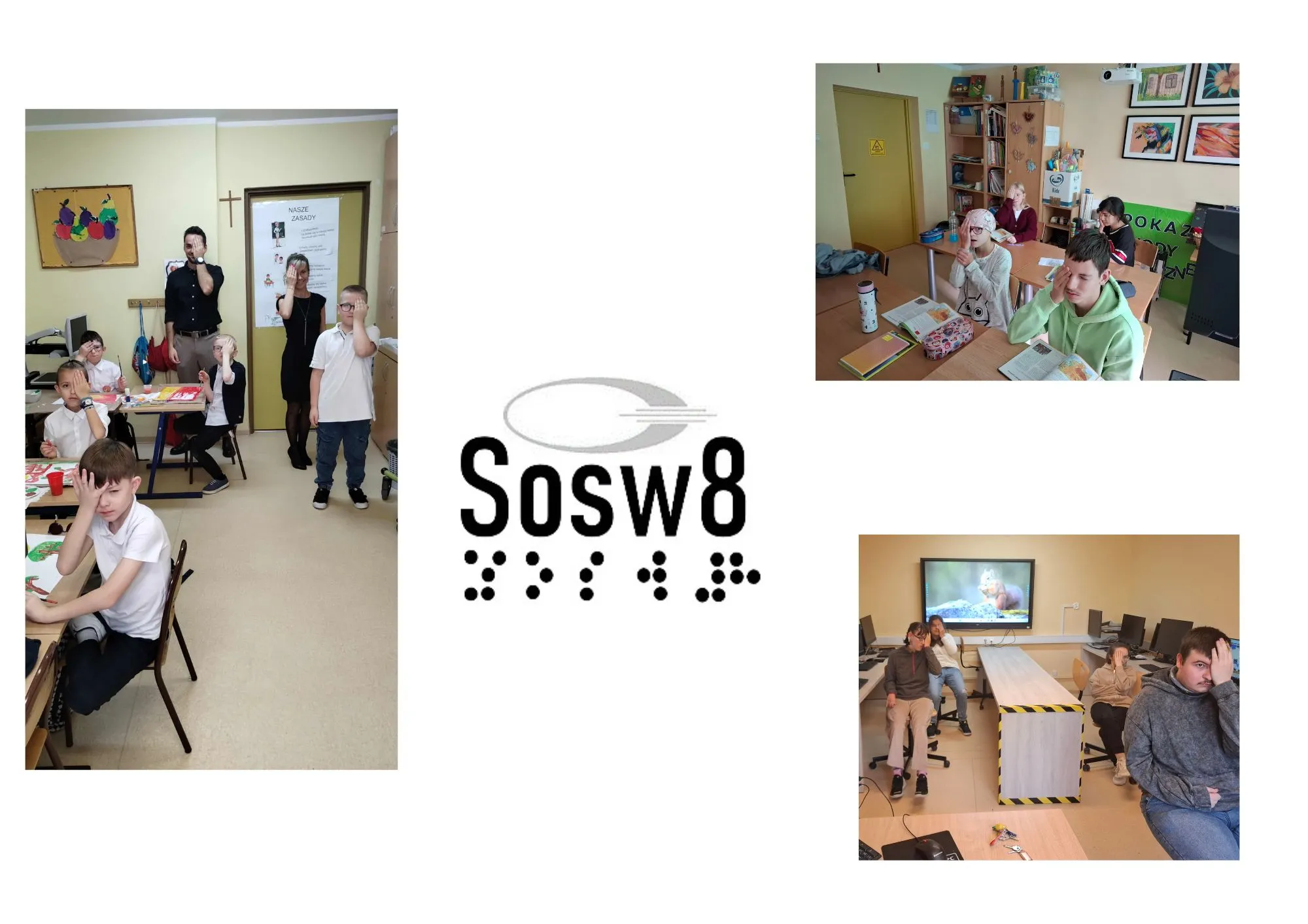 Nauczyciele i uczniowie zasłaniający jedno oko - symbol kampanii.