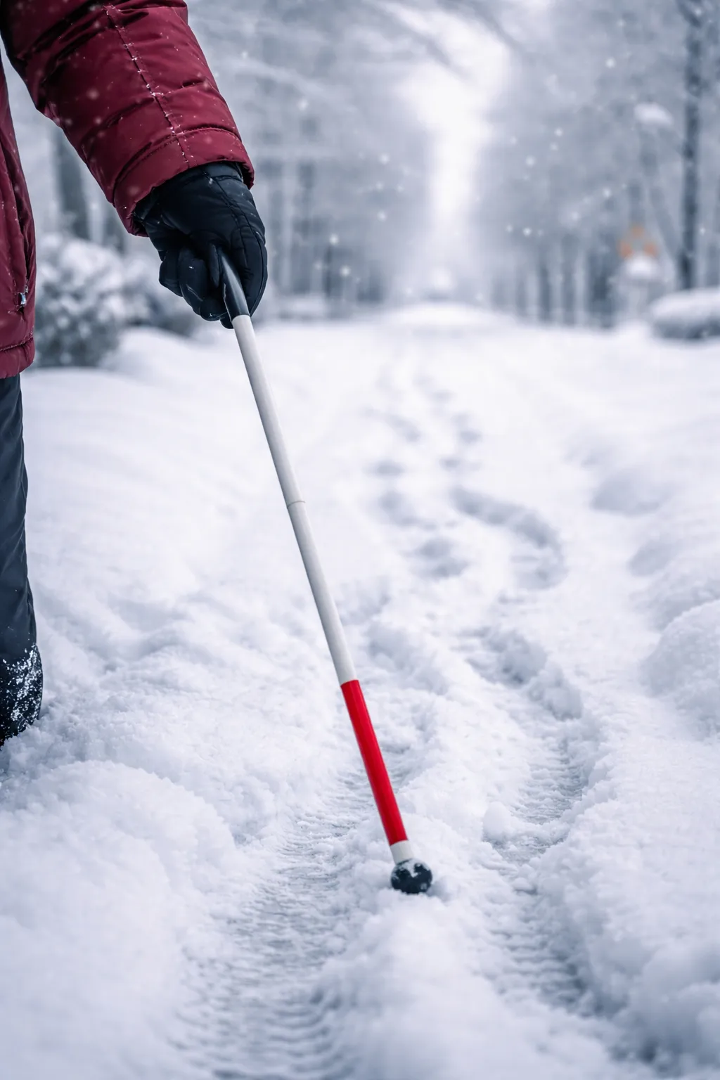 Na zdjęciu widać fragment sylwetki osoby, która trzymaja białą laskę w lewej dłoni. W tle przedstawiono zaśnieżoną drogę między drzewami z widocznymi śladami stóp na śniegu.