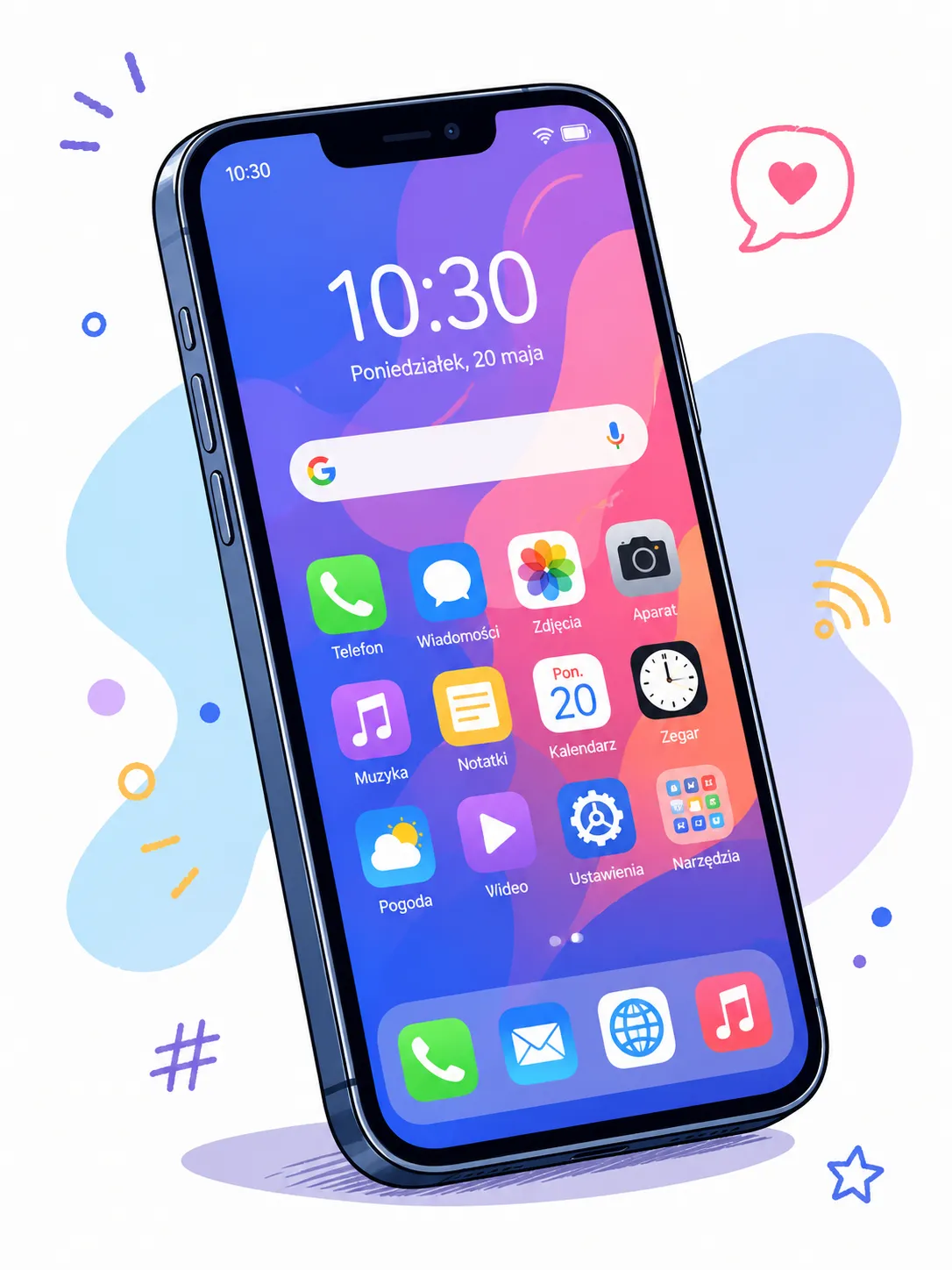 Ilustracja nowoczesnego smartfona z kolorowymi ikonami aplikacji.